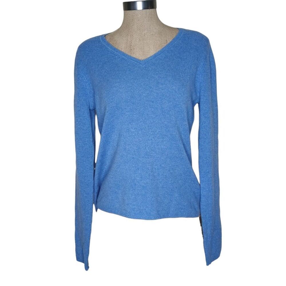Ellen Tracy Sweater Womens Large Blue 100% Cashmere Pullover V-Neck Knit